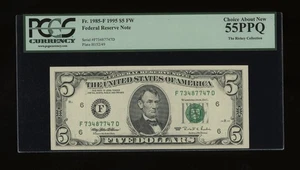 DBR 1995 $5 Atlanta Fr. 1985-F PCGS 55 PPQ Serial F73487747D - Picture 1 of 2