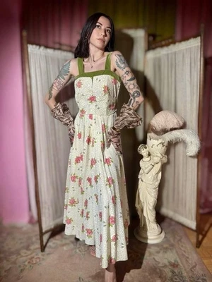 Vestido sin mangas de algodón con estampado de rosas de los años 50, ribete de terciopelo verde y falda circular, talla S-M Foto 1 de 4