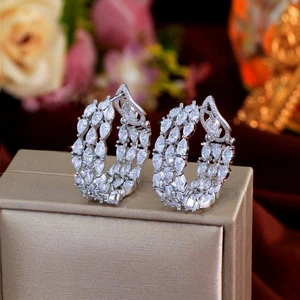 Silver Plated Cubic Zirconia Drop Double Sided Triple Round Chunky Hoop Earrings - Picture 1 of 9