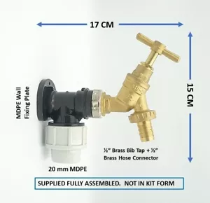 MDPE Compression Wall Plate Elbow (20mm) with 1/2" Brass Bib Tap & Hose Tail - Picture 1 of 3