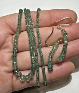 Faceted Green Garnet Emerald Color Tiny Bead Gold tone Dangle Earrings Necklace - Picture 1 of 6