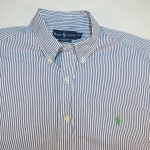 RALPH LAUREN POLO CLASSIC FIT CASUAL DRESS SHIRT Sz 17 Blue Stripe Green Pony - Picture 1 of 3