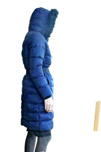 M&S Navy Down Quilted Raincoat size 8 Womens Full Zip Hooded + Detachable Fur - Picture 1 of 10