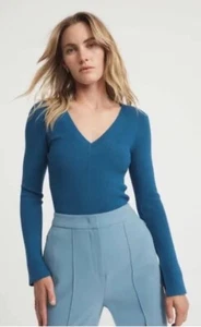 WITCHERY Ladies Blue Top Sz Small Crepe Knit V-neck Slim Fit Corporate RRP $149 - Foto 1 di 16