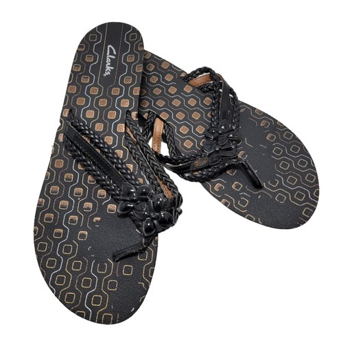 Infradito infradito Clarks da donna nero intrecciato in pelle con perizoma fiore taglia 10M