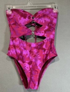 Hula Honey Bathing Swim Suit Womens L Cut out Front Lace Back Pink Red Strapless - Picture 1 of 8