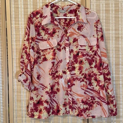 Coral Bay Womens XL Blouse Sheer Floral Roll Tab Sleeves Boho Lagenlook Fairy - Image 1 of 4