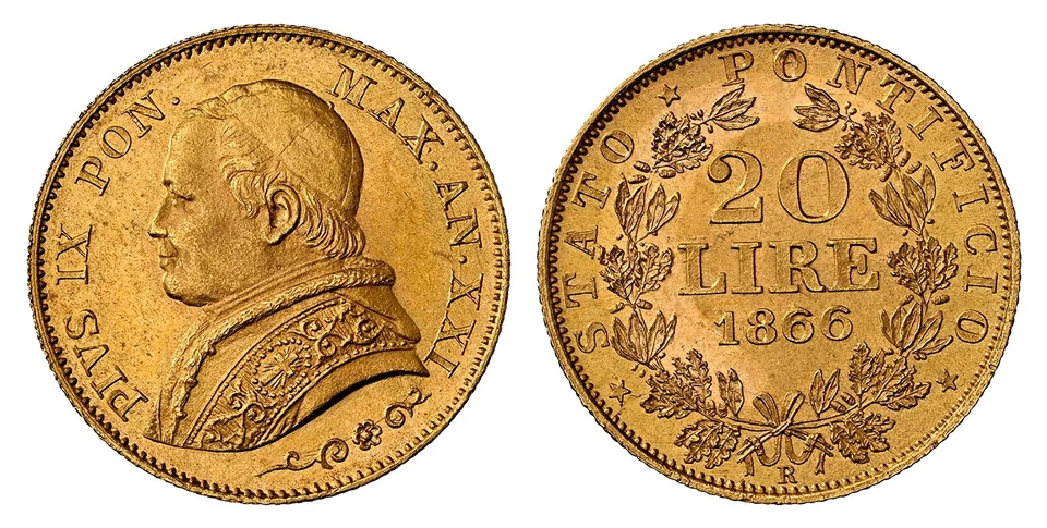 Estados Pontificios. Pío IX. 1866-XXI-R AV 20 liras. NGC MS65 Roma KM 1382,2; Fr.-280 Foto 1 de 1