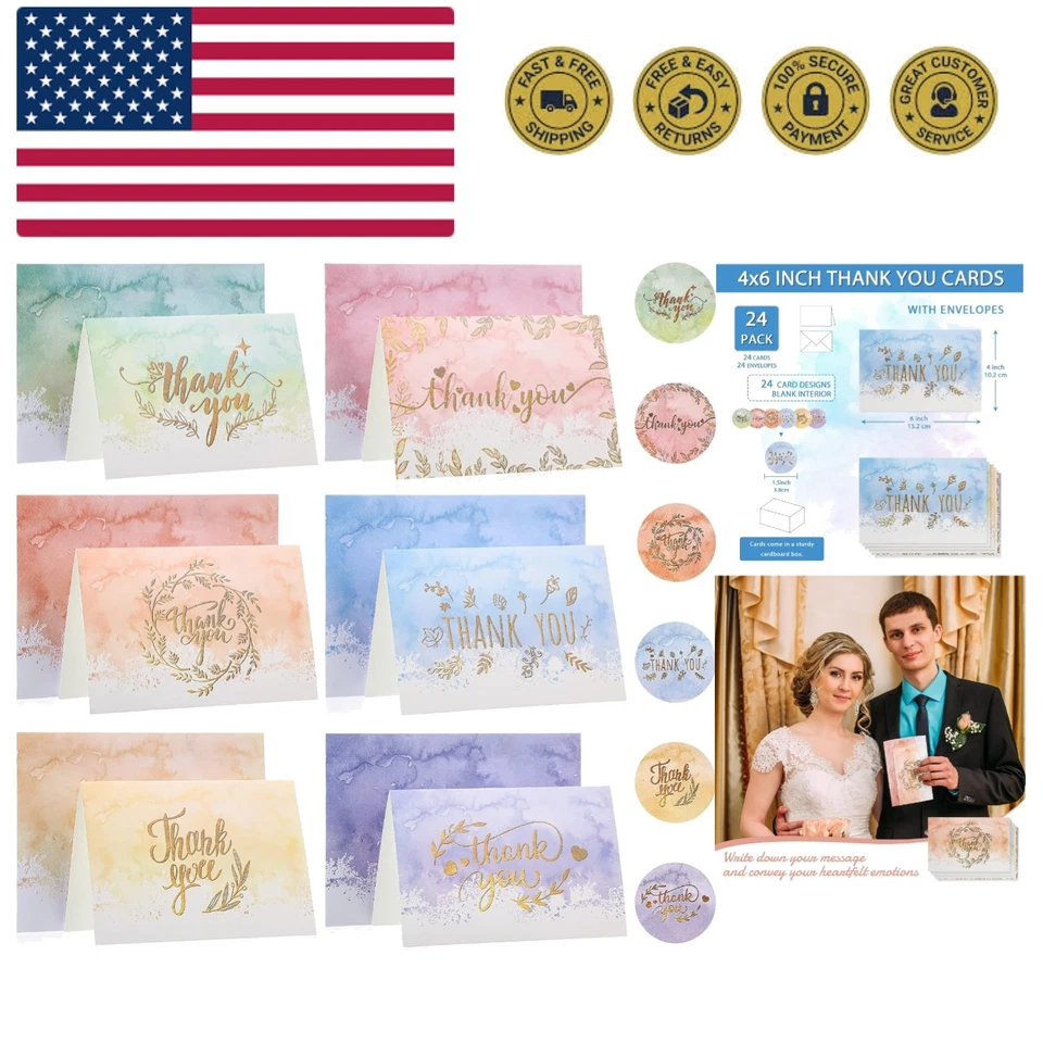 Акварельные благодарственные открытки упаковка 24 шт. с 24 конвертами 24 наклейки 6 дизайнов идут... - Изображение 1 из 4