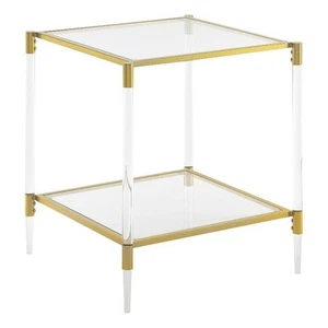 Royal Crest Two-Tier Acrylic Clear Glass Square End Table in Gold Chrome Finish - Picture 1 of 5