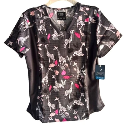 Cherokee IFLEX Giraffe Print Scrub Top Size M V-Neck Nurse Uniform - Image 1 of 4