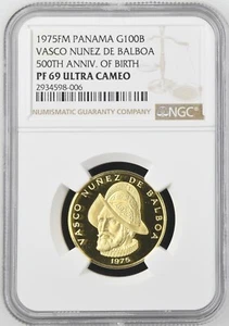 PANAMA 1975 GOLD 100 BALBOAS CERTIFIED BY NGC PF 69 ULTRA CAMEO BEAUTIFUL FROSTY - Picture 1 of 2