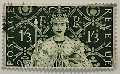 INTERESANTE SELLO BRITÁNICO 1/3 CON PERFIN SPL CANCELAR, REINA ISABEL II Foto 1 de 2