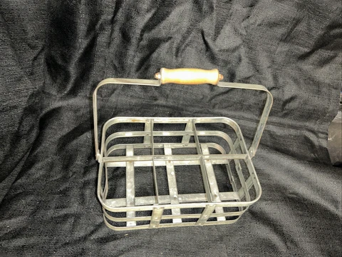 Vintage Bottle Storage Rack Holder Basket  Wooden Handles Twisted Metal Cover
