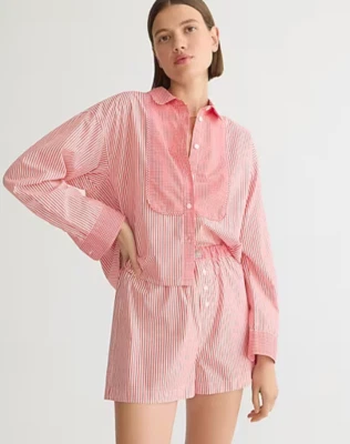 全新带标签 J.CREW 短衬衫和平角短裤睡衣套装,红色条纹,尺寸 L — 第 1/4 张图片
