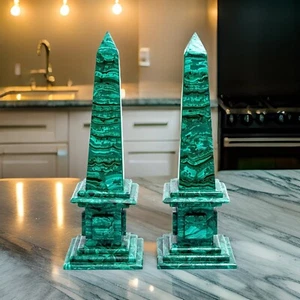 12" Inlay Malachite Obelisk Handmade Marble Decorative Pillers Elegant Home Deco - Picture 1 of 8
