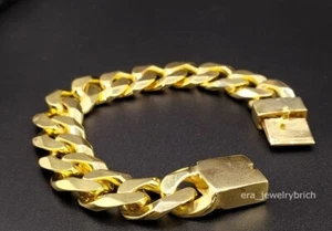 14K Yellow Gold Finish  Men's Thick Miami 10mm Cuban Link Bracelet - Picture 1 of 5