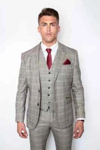 Mens Cavani Quincy Brown Check 3 Piece Tailored Fit Wedding Fashion Suit 38/32 - Picture 1 of 6