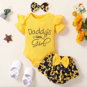 Girls Yellow Text Print Bodysuit and Shorts Set with Headband - Picture 1 of 1
