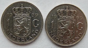 1969 Netherlands 1 Gulden Coin "Fish & Cock Privy" Lot of 2 Coins KM#184a SB5338 - Bild 1 von 2