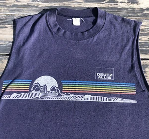 Vintage 80s Deutz Allis Single Stitch Tee Rainbow Stripe Velva Sheen T Shirt 42 - Picture 1 of 7