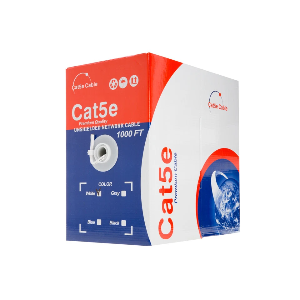 500 / 1000ft CAT5e Cable Bulk Solid Network Wire White Blue Black Cat5 Ethernet - Image 1 of 1