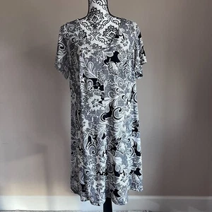 Connected Apparel Short Sleeve V Neck Dress - Size 14 W - Black White Tan - Picture 1 of 7
