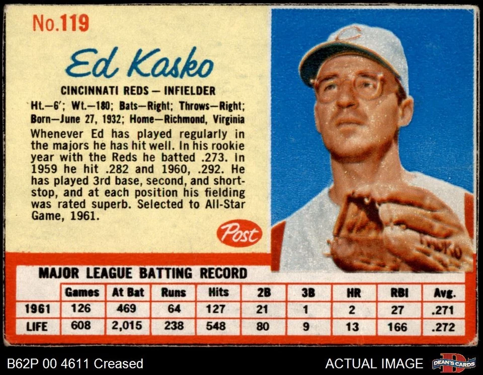 1962 Post Cereal #119 Eddie Kasko Reds SHORT-PRINT 3 - VG - Image 1 of 1