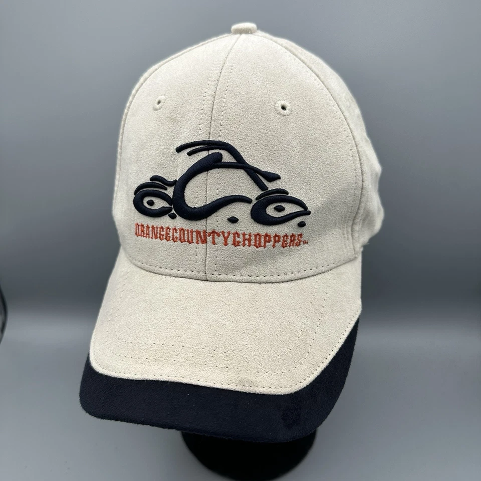 Vintage ORANGE COUNTY CHOPPERS BIO-DOMES Beige Navy Suede Logo Baseball Hat OSFM - Image 1 of 4