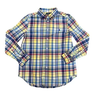 Ralph Lauren Boy's Button Down Plaid Long Sleeve Shirt Size L 14-16 Blue Cotton - Picture 1 of 9
