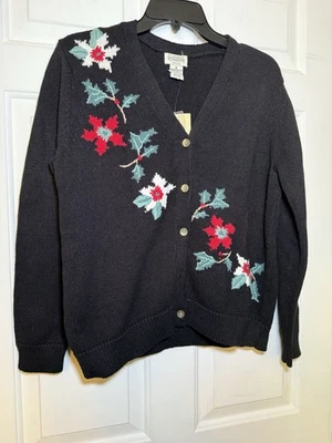 Cárdigan Suéter Negro Bordado Acebo Navidad Clásico Elementos Mediano Nuevo con Etiquetas Foto 1 de 4