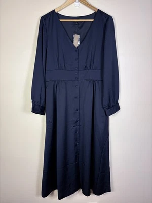 Vestido J Crew Cetim Azul Marinho Longo Midi Botão Frente Feminino 12 Elegante Férias - Imagem 1 de 4