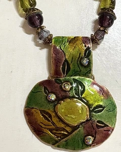 Enamel &Rhinestone Pendant Necklace Purple Blue Green Art Glass beads Chicos Sgd - Picture 1 of 7