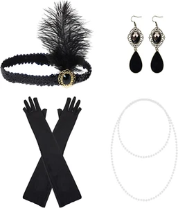 1920S Party Costume Accessories Set Roaring 20S Flapper Headband Gloves Pearl Ne - Picture 1 of 12