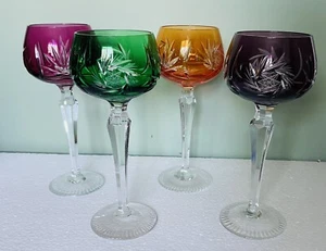 Set Of 4 Bohemian Cut-To-Clear Crystal Hock Wine Glasses- Pinwheel & Fan Pattern - Picture 1 of 16