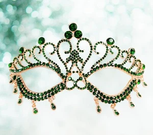 Crystal Masquerade Mask, Mardi Gras Mask, Green Teardrop Mask, Rose Gold Mask - Picture 1 of 7