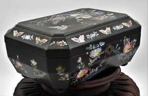 Antique octagonal Papier-Mache lacquer box with inlaid Mother of Pearl
