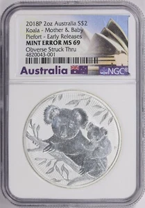 2018 MINT ERROR STRUCK THRU AUSTRALIA PIEFORT KOALA 2 OZ NGC MS69 - Picture 1 of 2