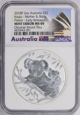 2018 MINT ERROR STRUCK THRU AUSTRALIA PIEFORT KOALA 2 OZ SILVER NGC MS69 - Image 1 of 2