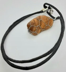 YELLOW JASPER GEMSTONE 20X35mm WIRE WRAPPED PENDANT 20" BLACK CORD NECKLACE - Picture 1 of 3