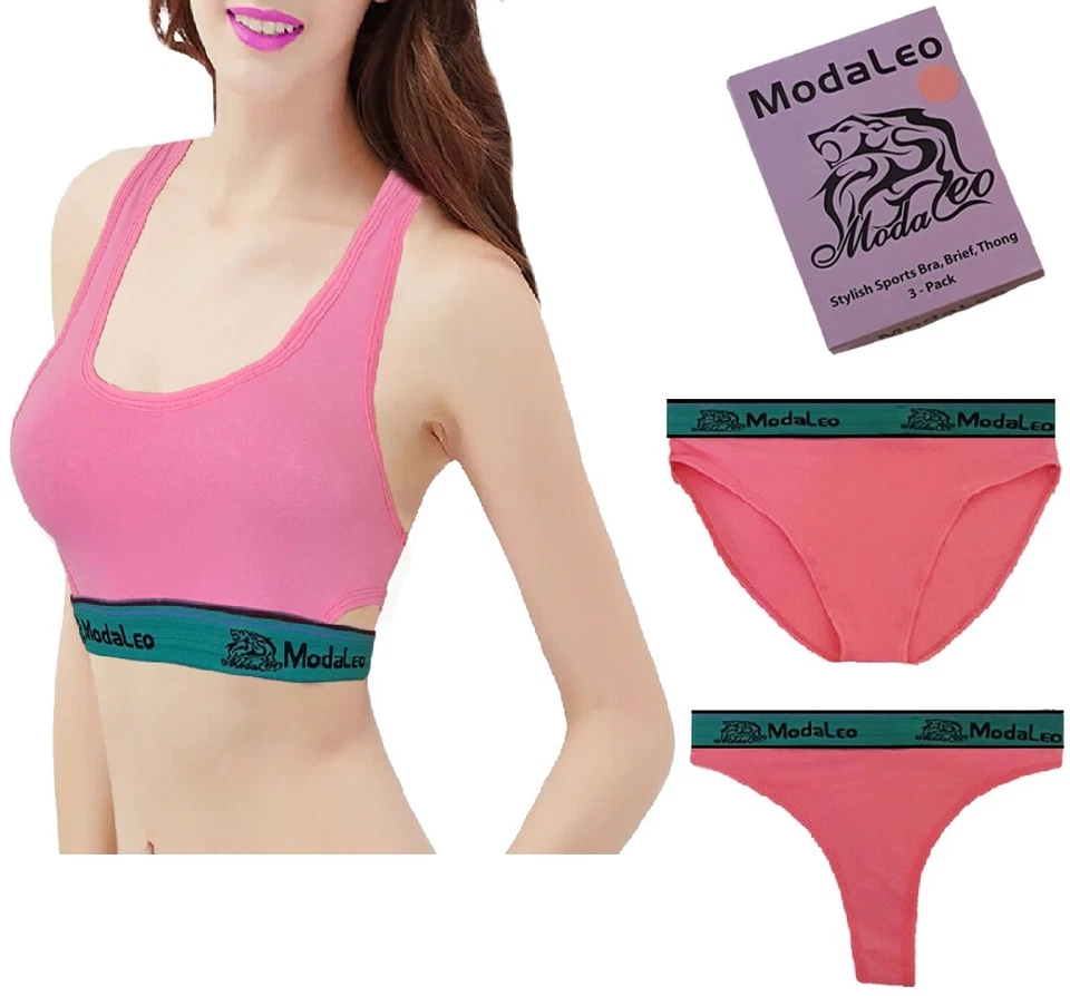 MODALEO Women's Sports Bra, Brief, Thong High Impact Non Wired Gift for her 3 Pack New