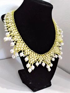 22 - Glass Seed Bead Bib Choker Handmade Necklace 11' White-Yellow Dainty Pearl  - Picture 1 of 7