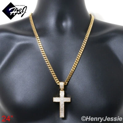 Colgante Cruz Circonita cúbica cadena Miami chapado en oro de 7 mm de acero inoxidable para hombres de 18-40"*I21 Foto 1 de 4