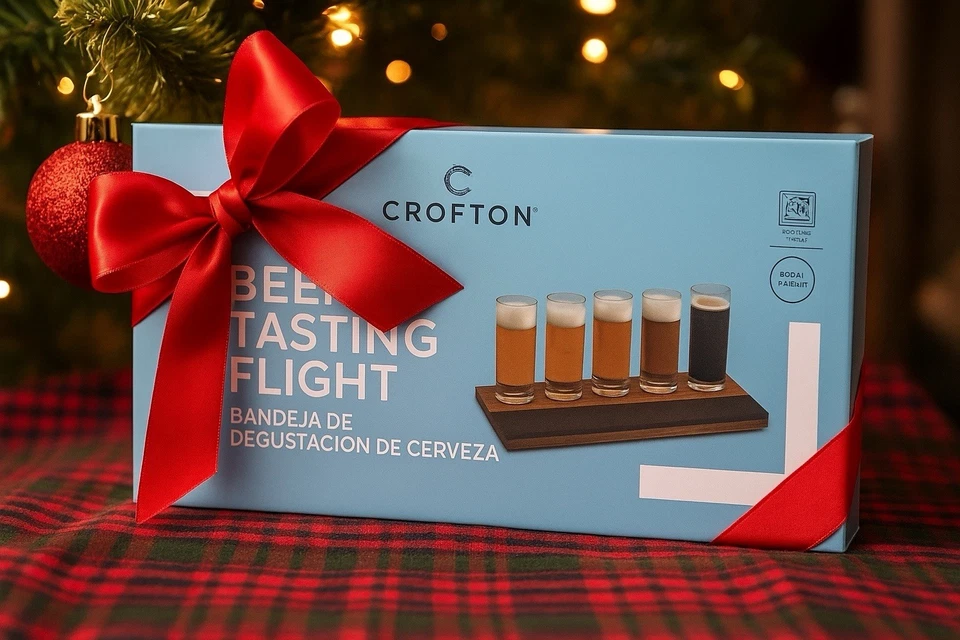 Crofton Beer Tasting Flight Set 4 Glasses w/ Wooden Board & Chalkboard
