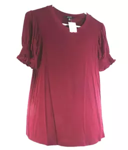 Ambiance Womens Size M Rushed burgundy Short Sleeve Round Neck Casual Blouse - Picture 1 of 3