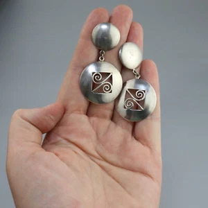 Vintage Large Modernist Swirl Sterling Silver Earrings, Big Disc Earrings - Picture 1 of 6