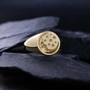 Occult Moon Face and Stars Solid 14k Gold Wax Seal Signet Ring - Picture 1 of 8