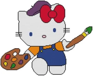 KREUZSTICH + BASTELMUSTER Hello Kitty Künstler Pinsel Öle Palette Skizze - Bild 1 von 14