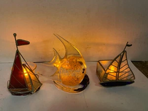 Stained Glass  votif holder lot of 3 Nautical Boat and glass fish  free shipppin - Picture 1 of 4