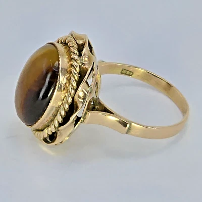 Vintage Custom Elegant Cage Art Nouveau 14k Yellow Gold Tiger's Eye RING Sz. 7.5 - Image 1 of 4